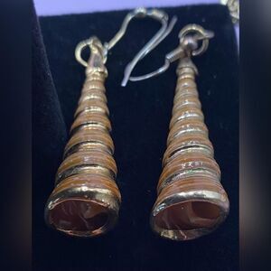 Gold Tone Spiral Cone Dangle Earrings Brown Boho Drop Pierced Fashion Jewelry 2”